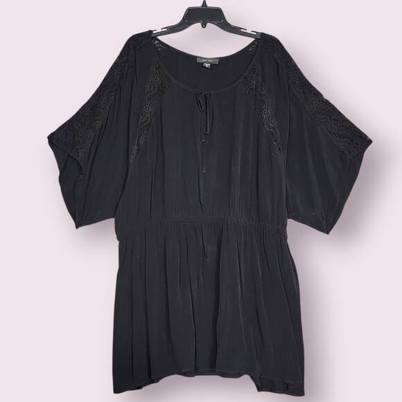 Karen Kane Peasant Long Blouse Black Lace Detail 3X Key Hole Collar Boho - Picture 1 of 11